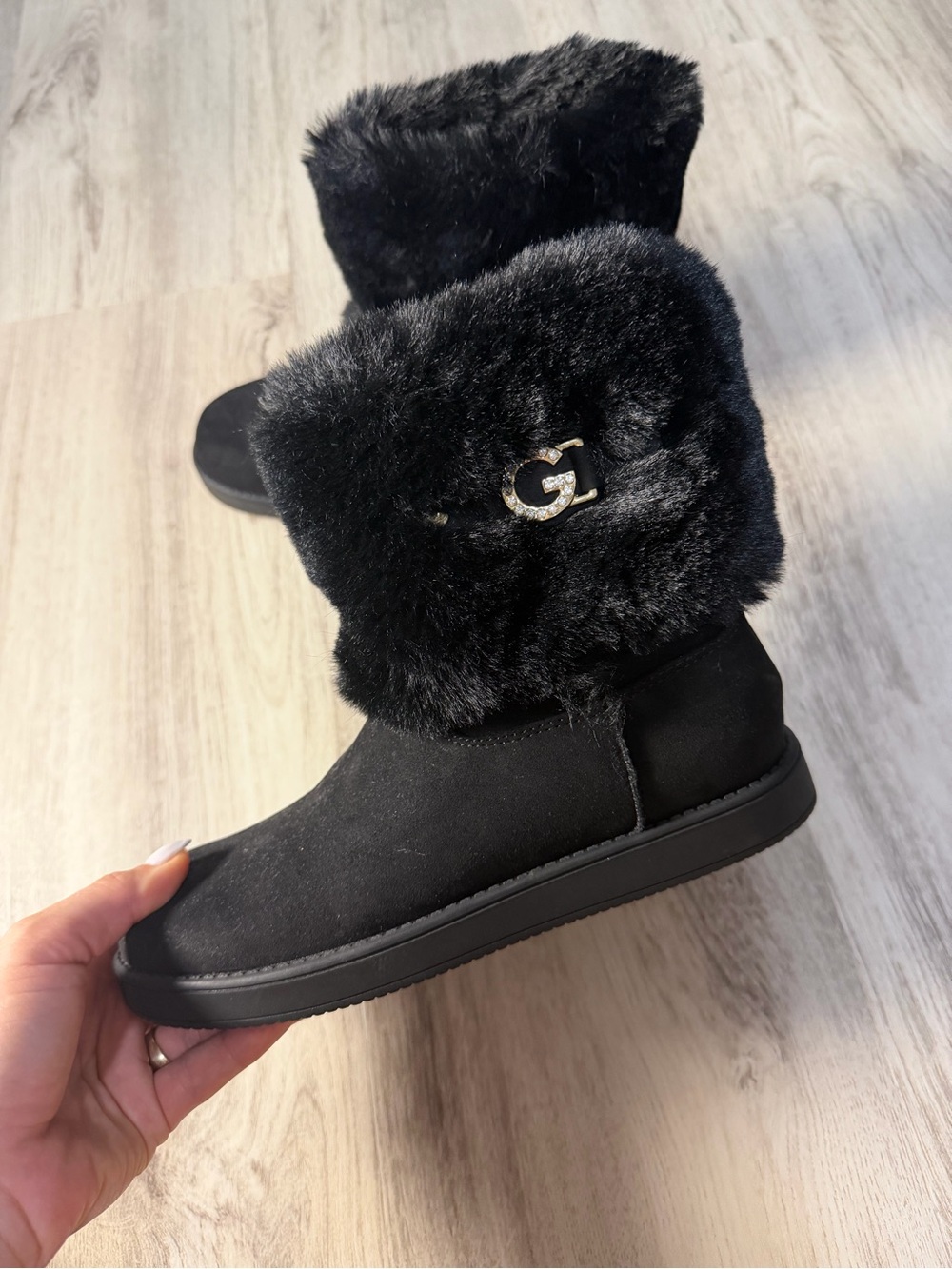 G by Guess Black Faux Fur Cuff Winter Boots with Logo Charm